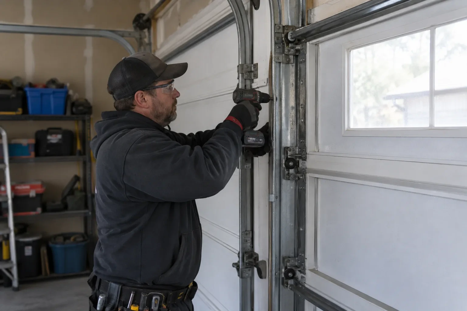 Technician in a black cap holding a cordless drill to a bracket on a vertical track beside a windowed white door.