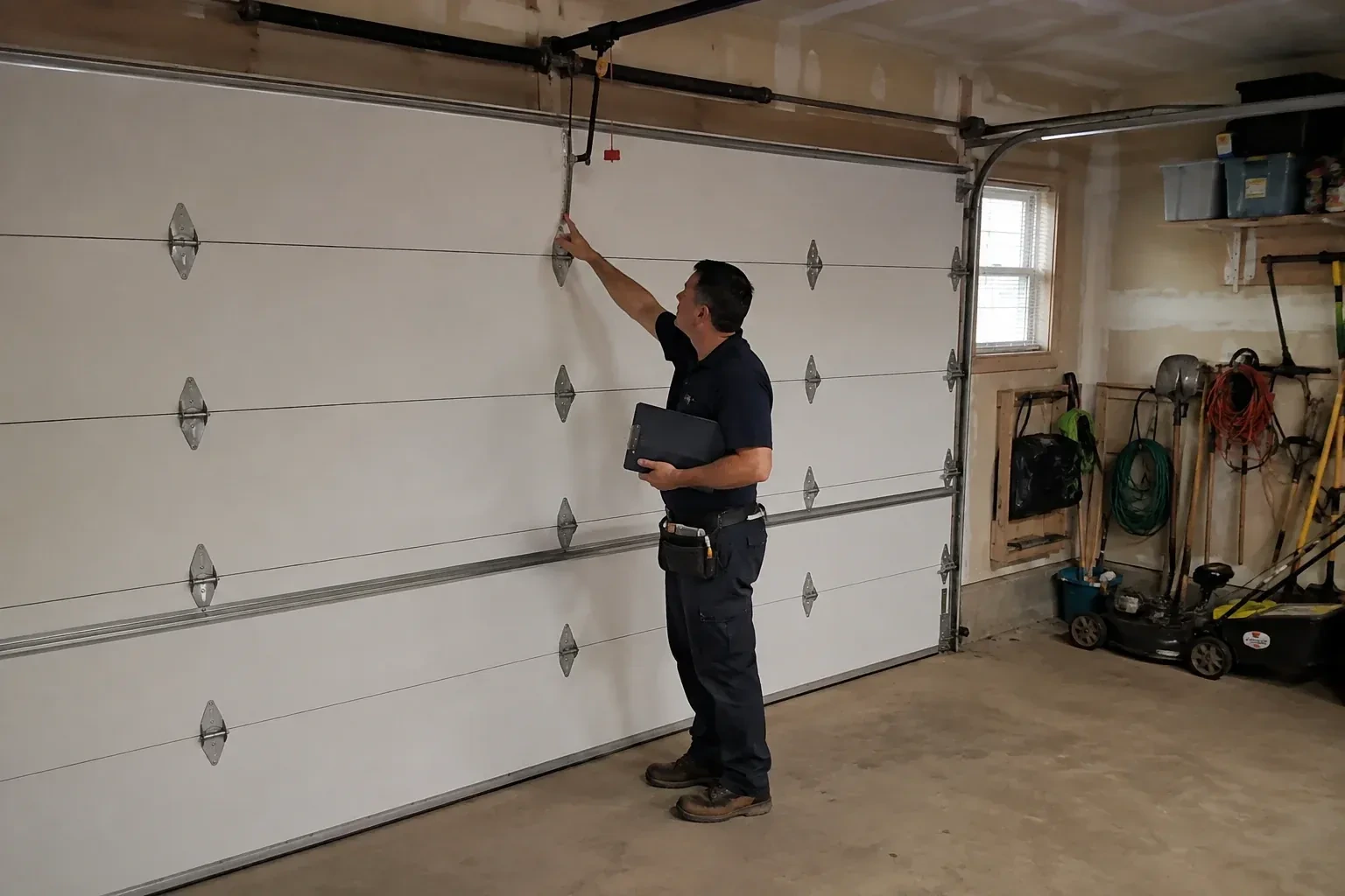 A person holding a clipboard examines the interior hardware of a closed garage door. — Garage Door Tune-Up, Mississauga