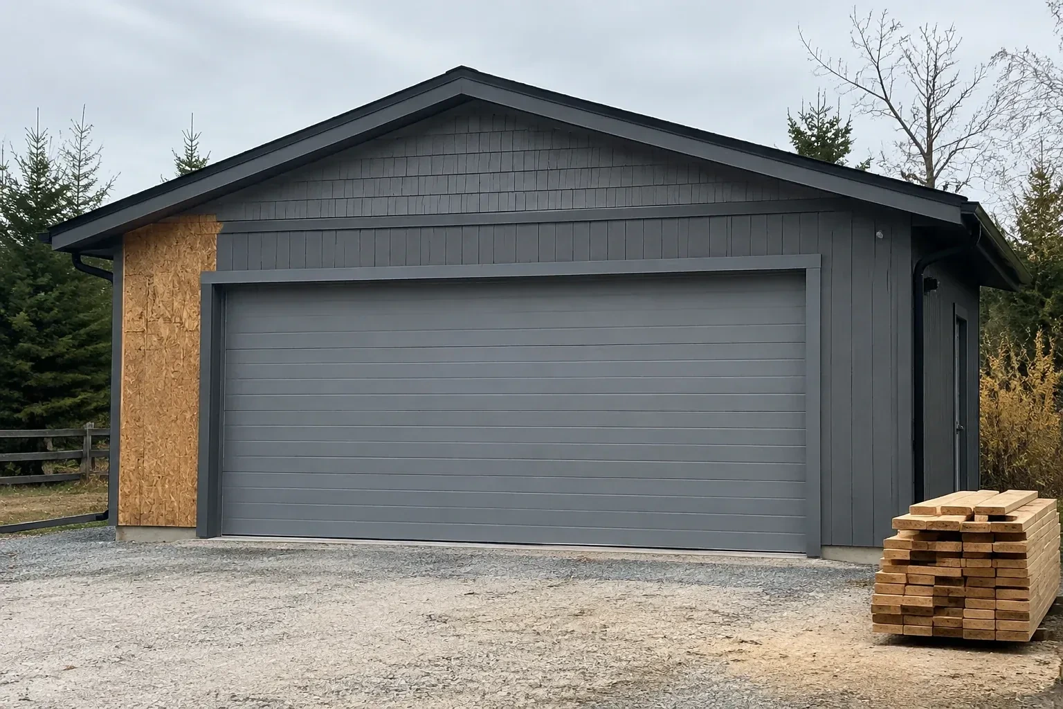 Closed grey garage door on a partly finished building beside stacked lumber. — New-Construction Garage Door Installation, Mississauga