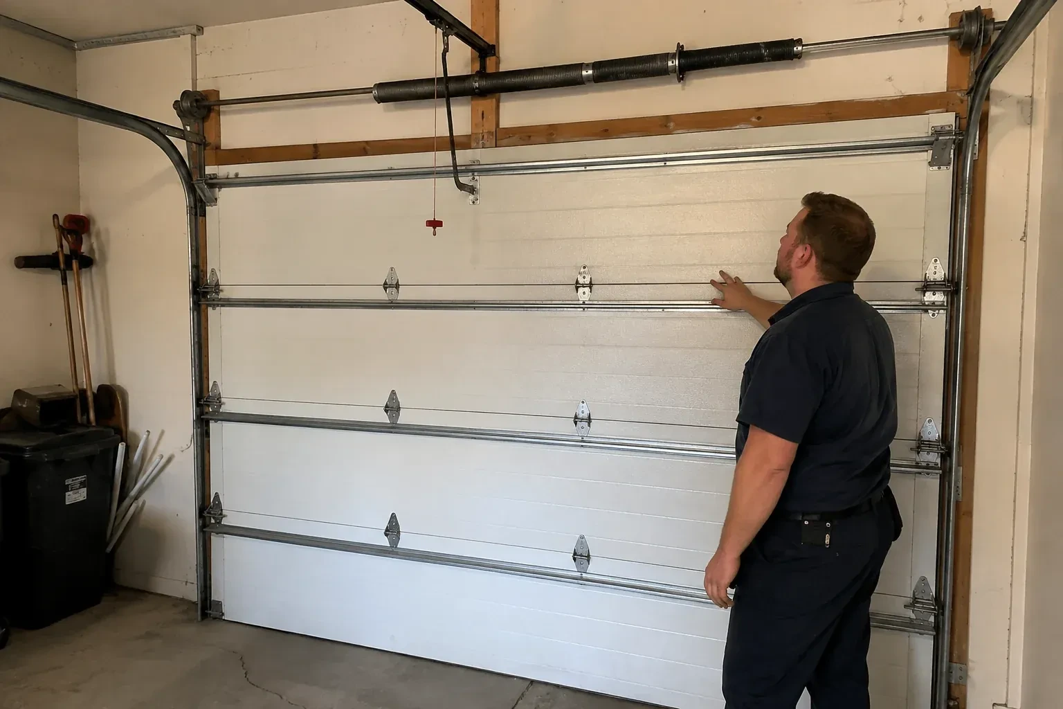 A person stands beside a closed sectional door beneath its overhead spring assembly. — Garage Door Balance Adjustment, Mississauga