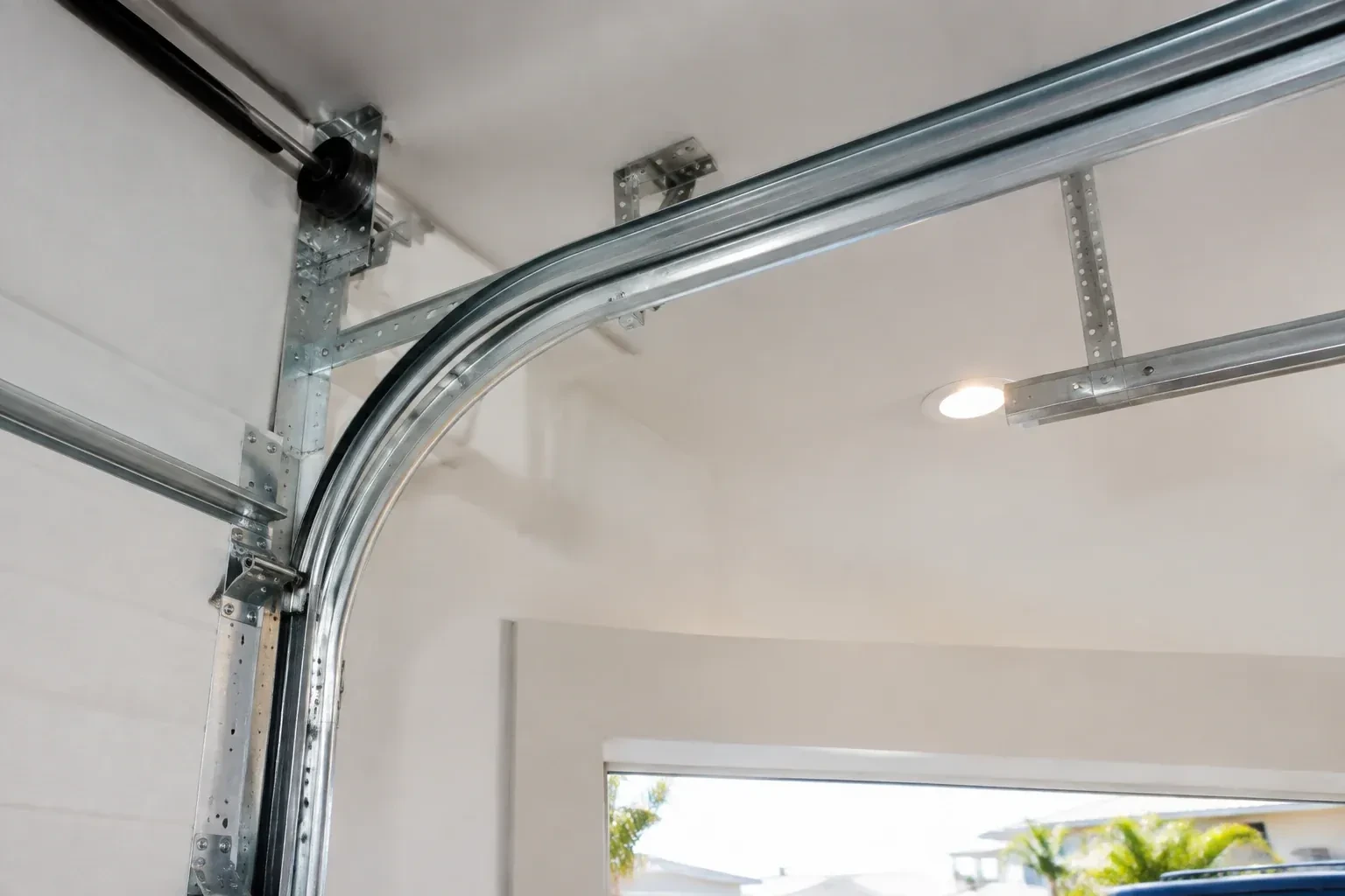 Curved galvanized steel track bending from the vertical door track into the ceiling, with perforated brackets and a recessed light. — Garage Door Track Repair or Replacement, Mississauga