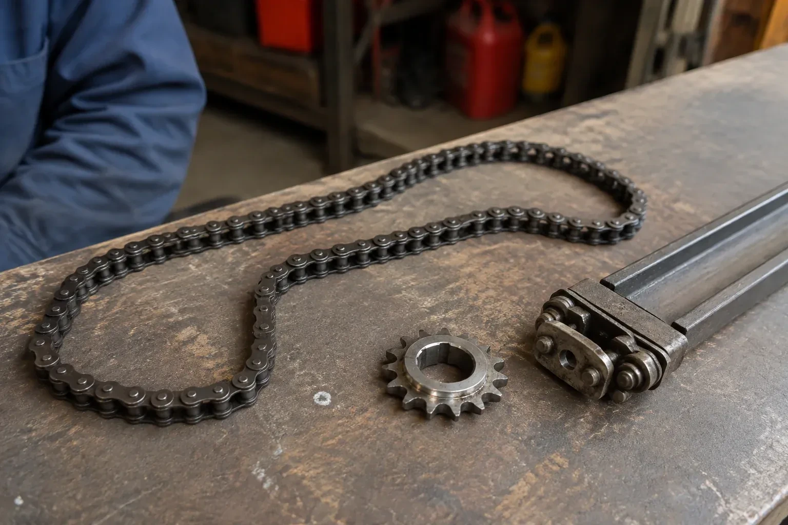 A detached metal roller chain, toothed sprocket and rail component rest on a worn garage workbench. — Chain-Drive Opener Repair, Mississauga