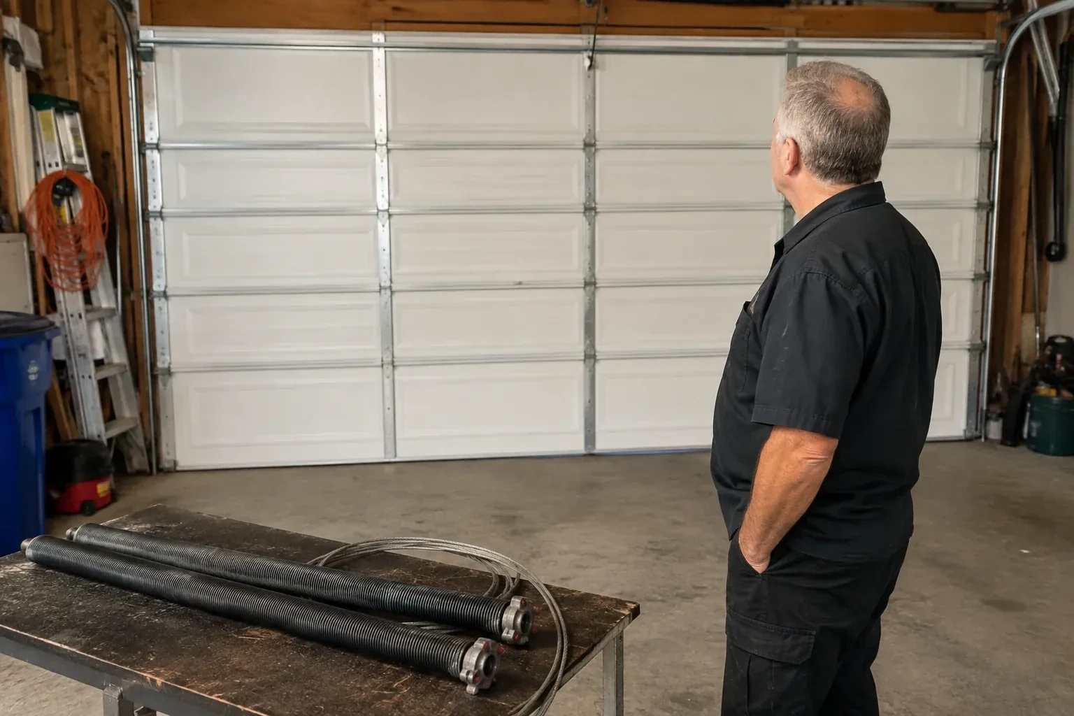 Detached coil springs with end fittings and a cable rest on a bench in front of a closed garage door. — Torsion Spring Replacement, Mississauga
