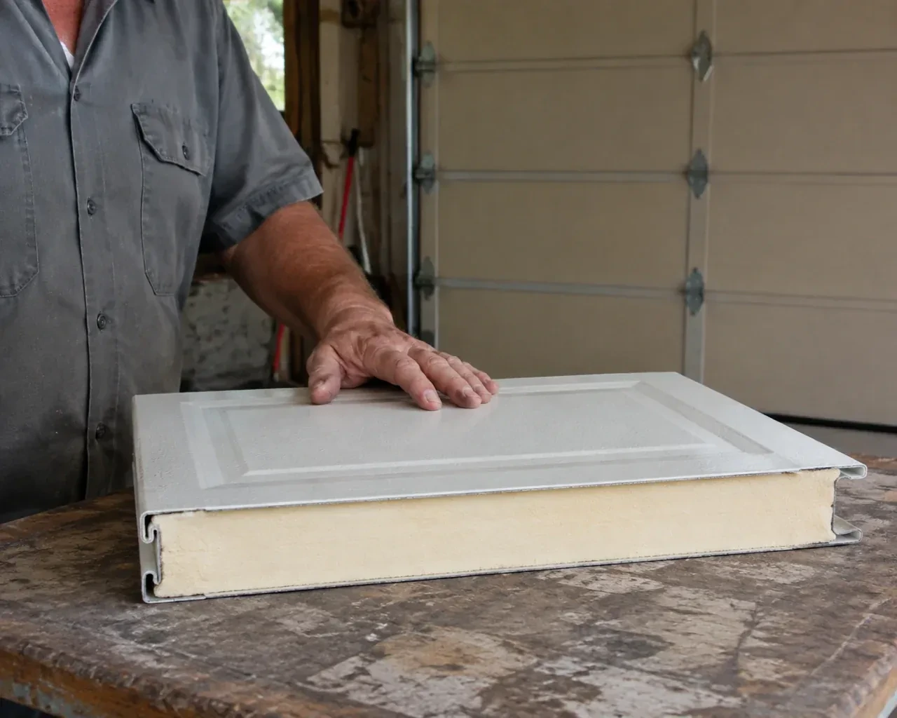 A panel sample exposes a cream foam core between thin metal faces on a garage workbench. — Insulated Steel Garage Door Installation, Mississauga