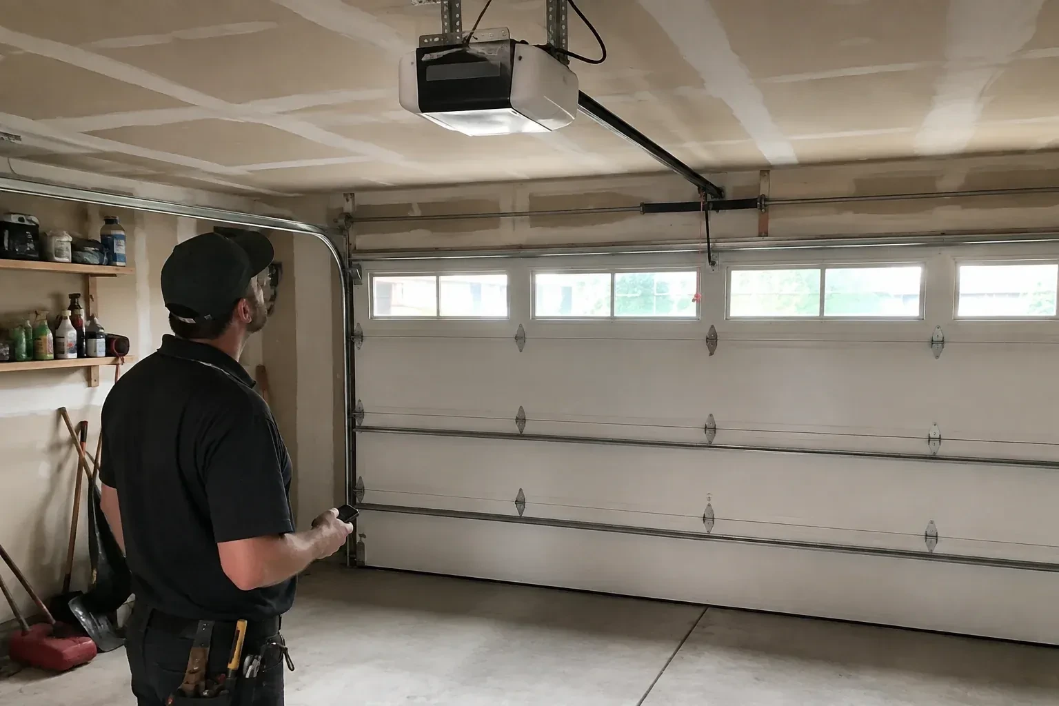 A person looks at an overhead opener above a closed garage door with a row of windows. — Garage Door Opener Replacement, Mississauga