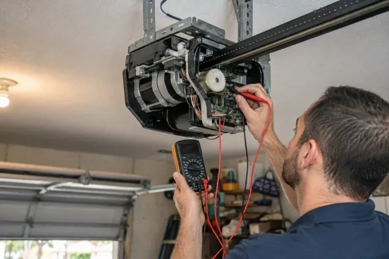 Person holding a multimeter and a red probe near the exposed circuit board of an overhead garage-door opener. — Garage Door Opener Diagnosis and Repair, Mississauga
