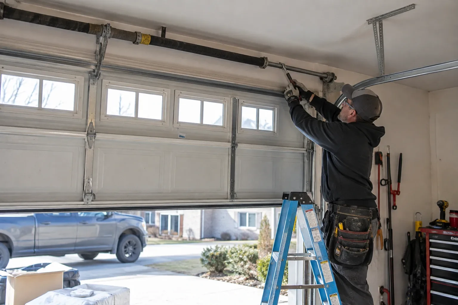 Technician on a blue stepladder using a wrench on a black torsion spring bar above a sectional door with small windows.